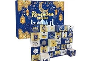 MORABLOOMY 30-Day Ramadan Advent, Calendar Pre-assembled Ramadan Gifts Box, Ramadan Decorations Drawers, Gold Blue Festive Islamic Art Ramadan Gift Eid Gift for Kid, Ramadan Craft for Kids