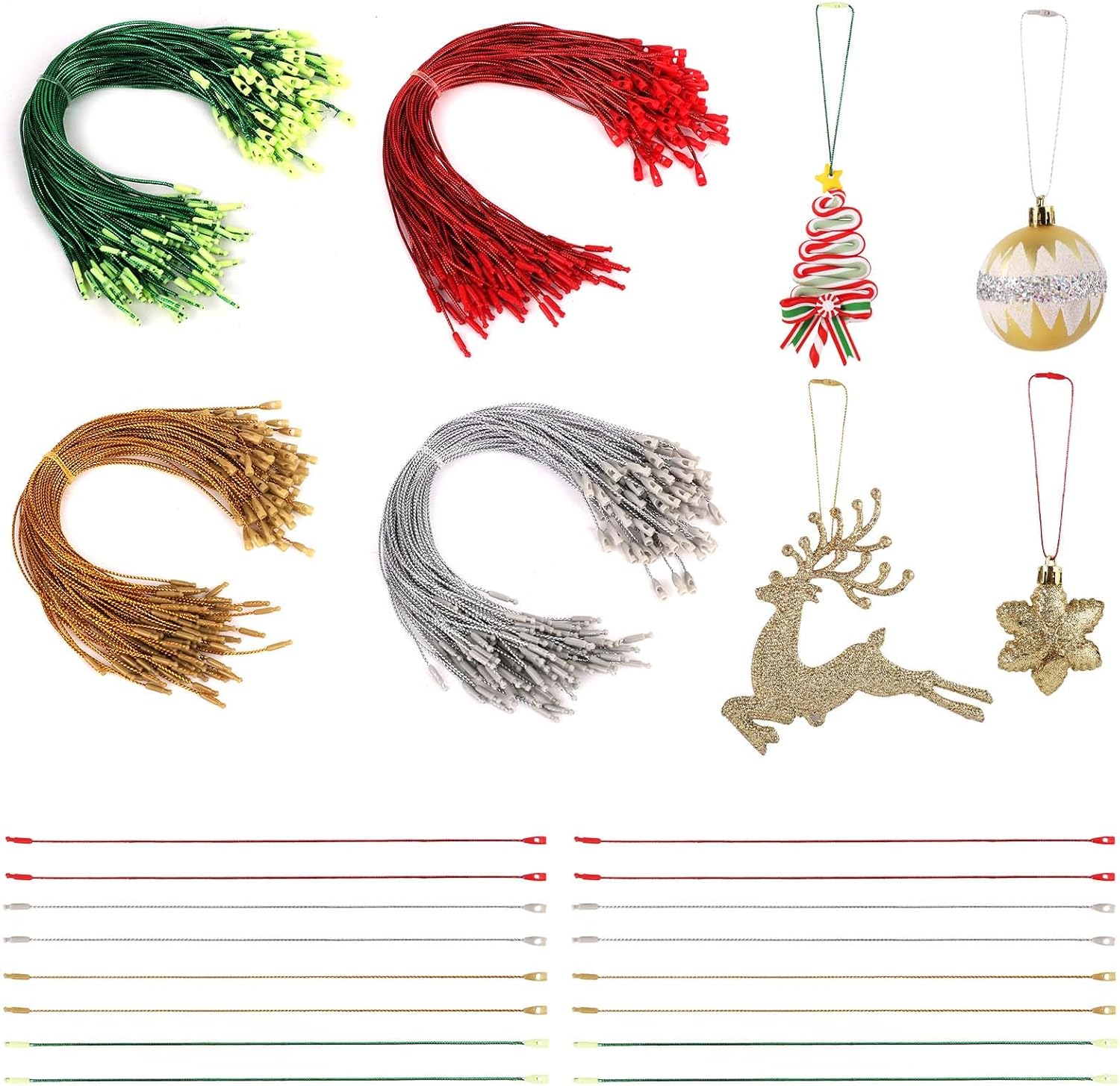 Ornament Hooks - 400pcs Christmas Ornament String Hangers, 8 inch Metallic Cords Ornament Hanging Ribbon with Snap Fasteners for Christmas Tree Hanging Decorations Party Supplies (Red, Green, Gold, Silver)