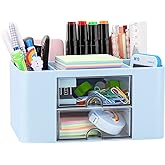 Desk Organizer with 2 Drawer, Plastic Desktop Pen Pencil Card Holder Storage Box for Desk, Office Supplies, Vanity Table Office School Home (Blue)
