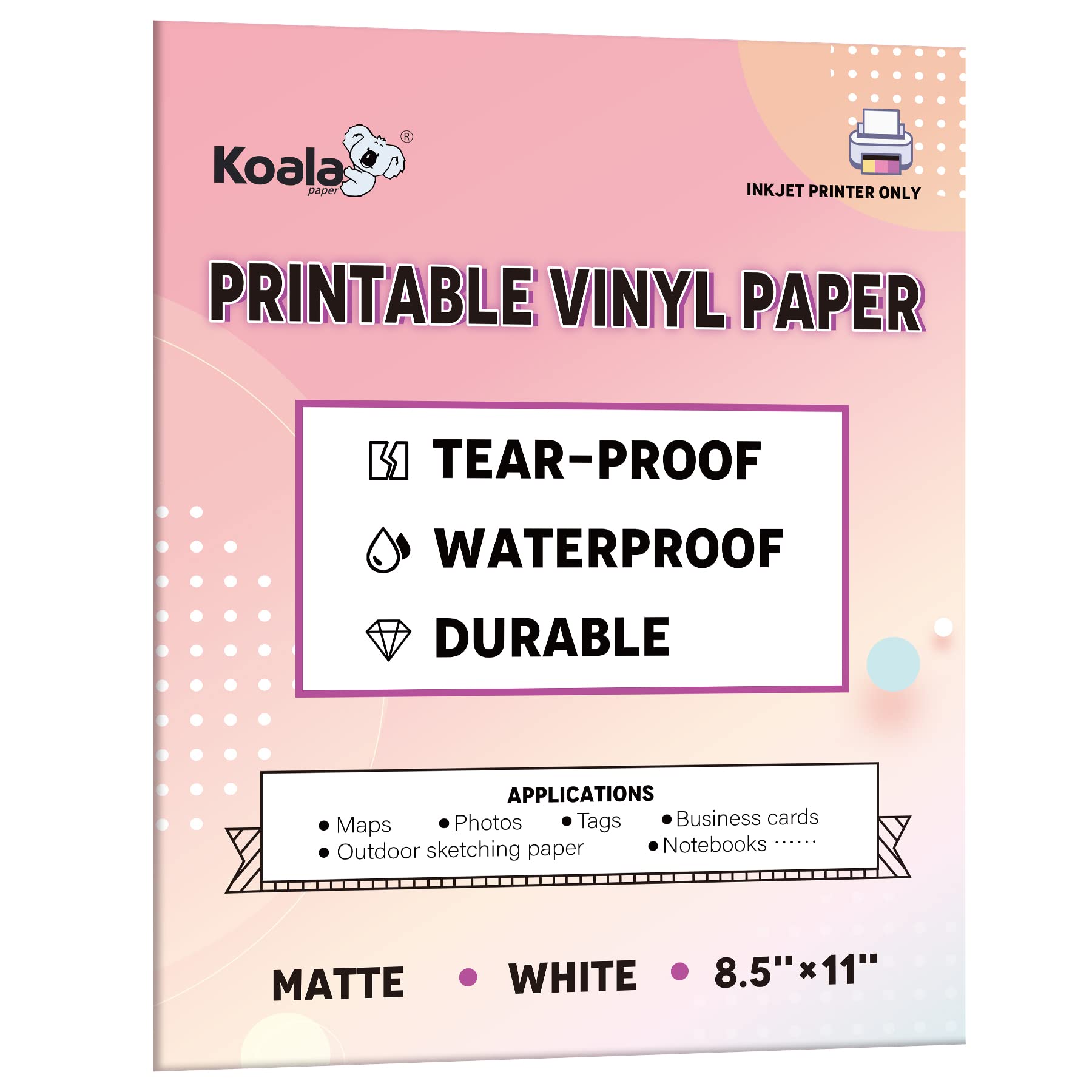 thumbnail image 2 of Koala Matte Sticker Paper For Inkjet & Laser Printers – 8.5x11 Adhesive Photo Paper – 100 Sheets – USA 2 of 5