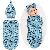 Sea Waves Dolphins Sharks Whale Octopus Baby Stuff Swaddle Blanket Wrap Baby Newborn Blanket Soft Stretchy with Headband Hat Set Gift for Infant Boy Girl