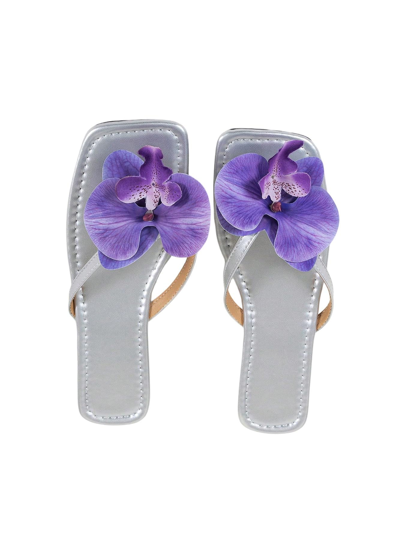 Photo 1 of **SHOWS SIGNS OF USAGE** GORGLITTER Women's Flower Flat Sandals Flip Flops Square Open Toe Summer Slide Sandals Silver 8.5