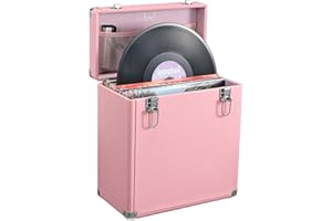Hododou Vinyl Record Storage Box with Lock Record Organizer Storage for 30+ Single Records 12-inch Water Resistant Collapsible Storage Crate with Handle Mesh Pouch for Valuable Album Collection Pink