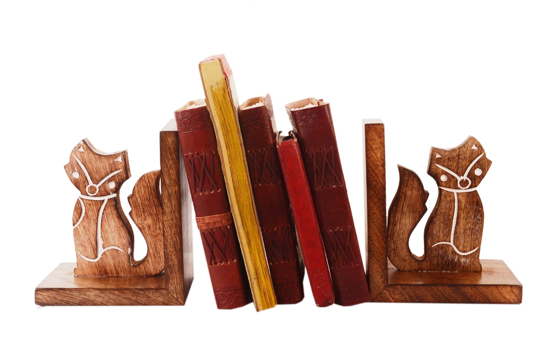 Purpledip Wooden Bookends Stand Holder Bookshelf Organizer 'Foxy Cats': Unique Decor Gift For Book Lovers (11066)
