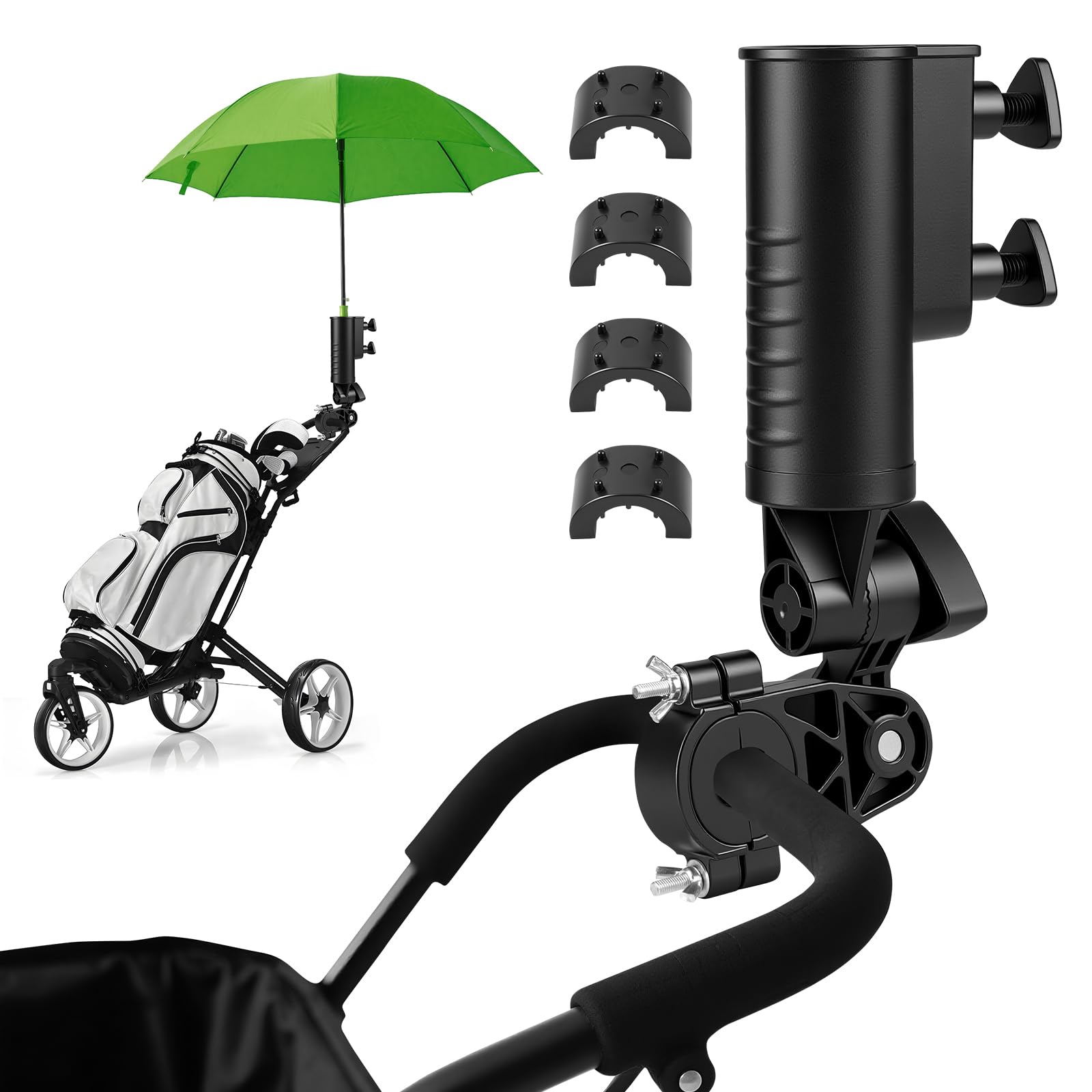 Photo 1 of T TGBROS Golf Push Cart Umbrella Holder 180°Adjustable, Universal Fit with Heavy-Duty Clamp Windproof Umbrella Mount for Mobility Scooter, Stroller, Wheelchair, Beach Chair Easy Install & Strong Grip