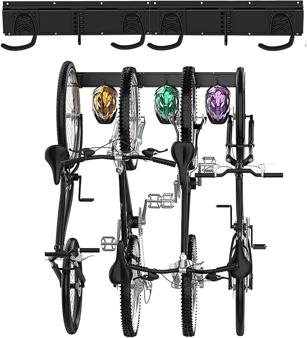 Poweka 32 Inch Bike Storage Rack 4 Bike Wall Mount with 3 Helmet Hooks