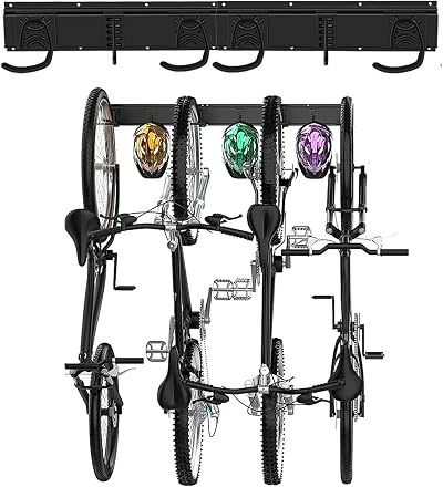 Poweka 32 Inch Bike Storage Rack 4 Bike Wall Mount with 3 Helmet Hooks