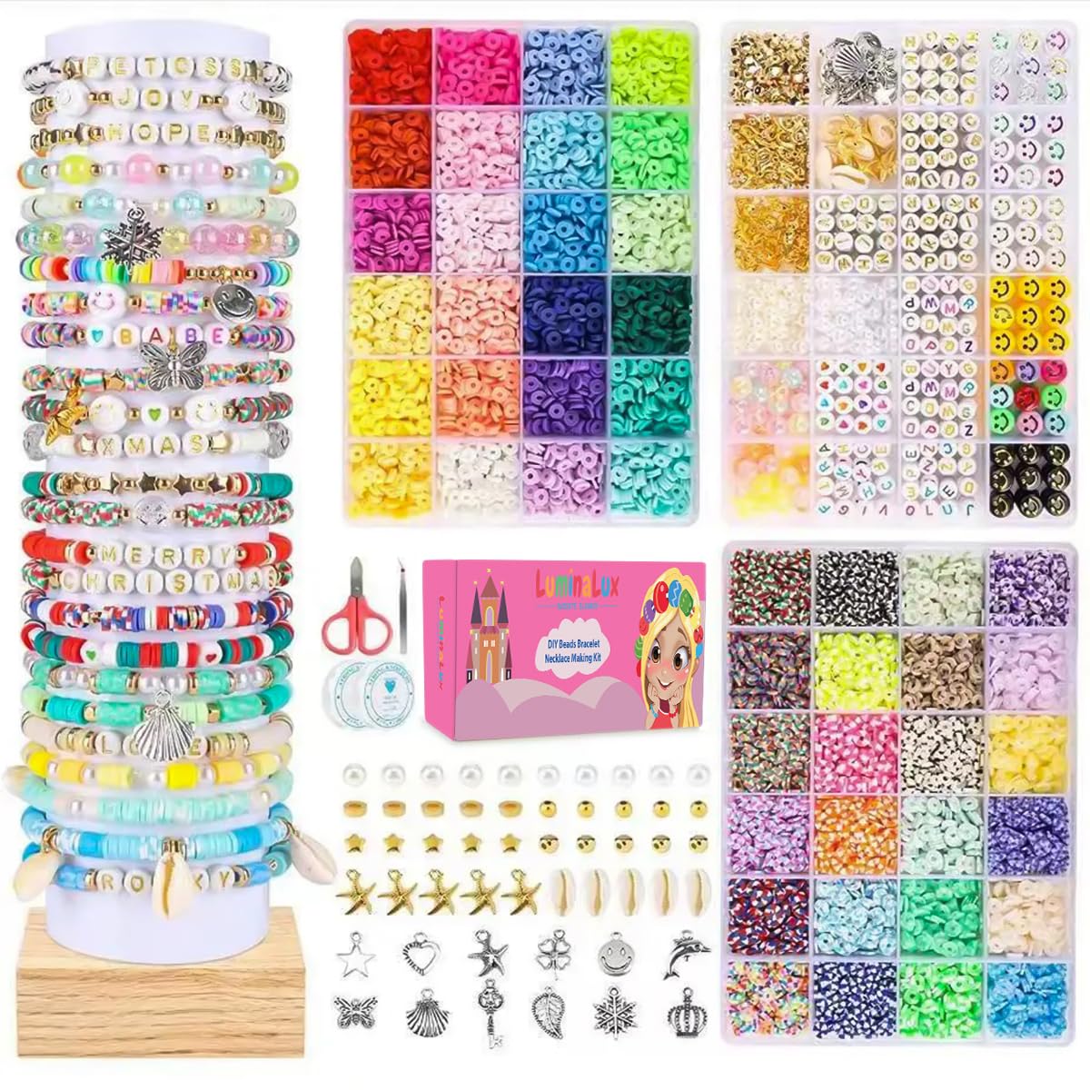 LuminaLux Bracelet Making Kit, Clay Beads, Beads, Jewellery Making Kit, Friendship Bracelet Making Kit, Alphabet, Art Craft, Friendship Bracelet Beads, Necklace Gifts for Girls Teen 48 Colors