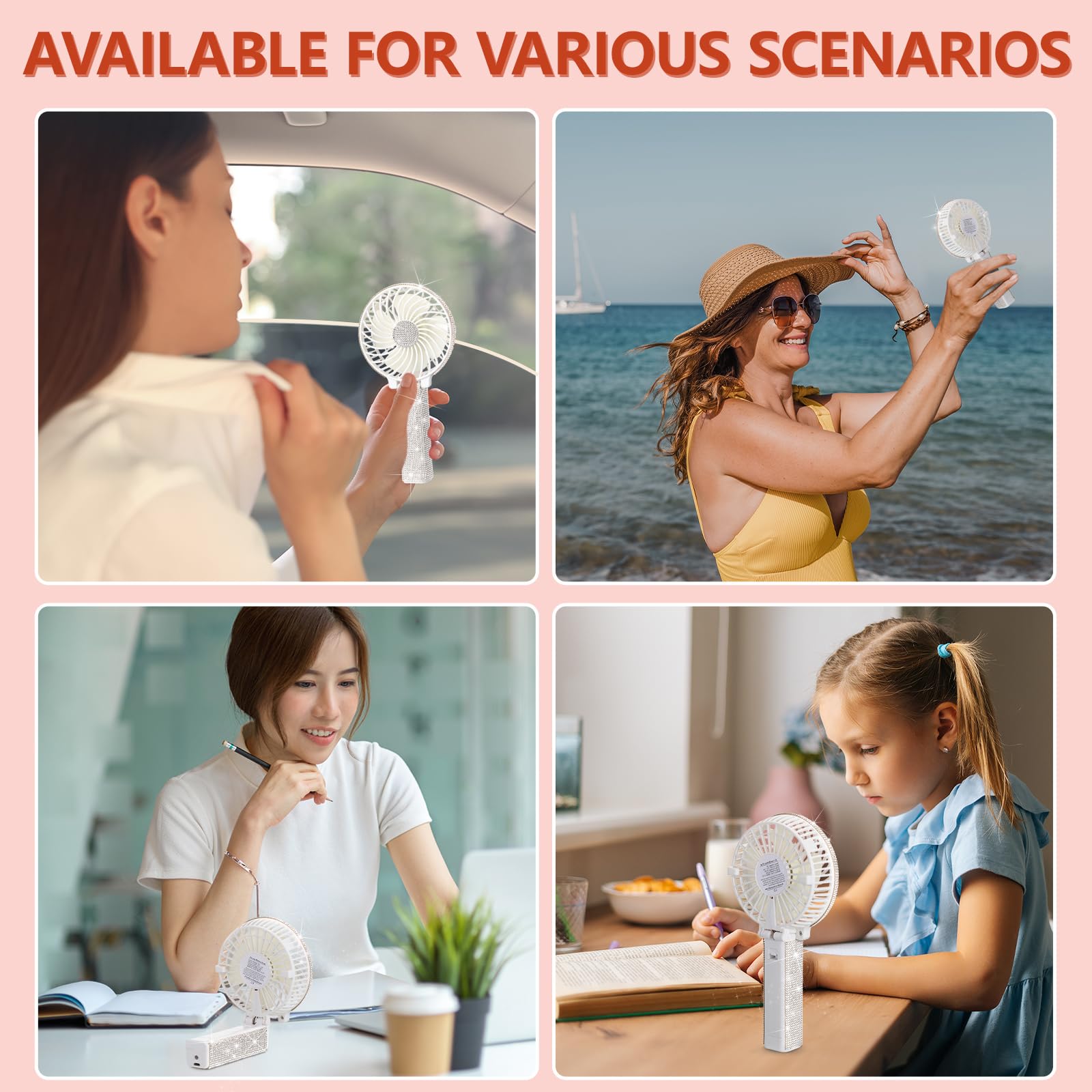 Mudder Rhinestone Handheld Fan Crystal Bling Mini Personal Fan Glitter Bedazzled Portable USB Rechargeable & Battery Operated for Girls Women Outdoor Travel Indoor Makeup Office(White,Foldable)