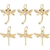 Beebeecraft 12Pcs/Box 2 Style Dragonfly Charms 18K Gold Plated Brass Flying Animal Charms with Clear Cubic Zirconia Insect Animal Pendants for Spring Summer Bracelets Necklace
