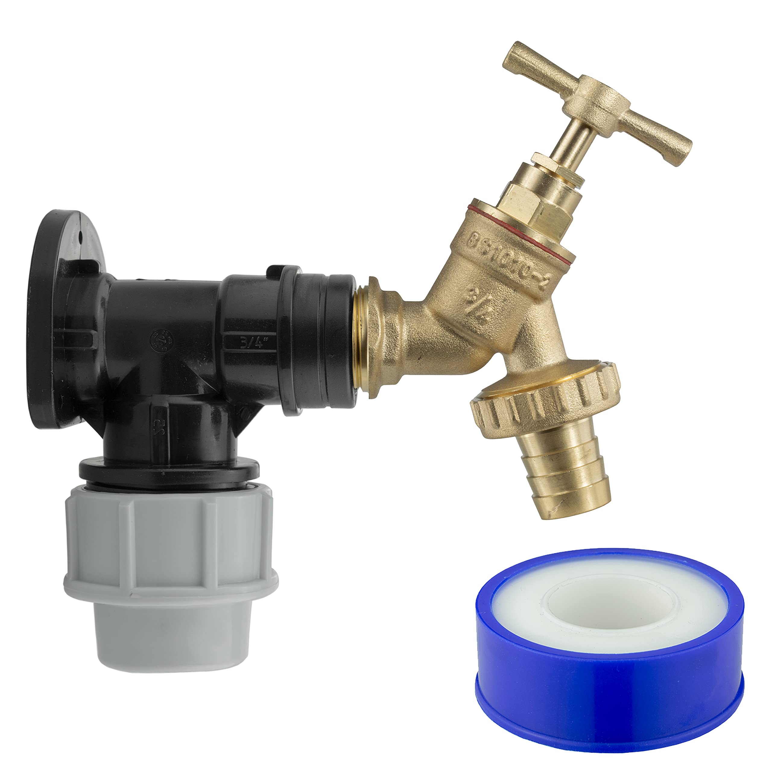 25mm mdpe Water Supply Pipe Compression Backplate/wallplate with Classic Brass bib tap + Hose Barb+PTFE Tape
