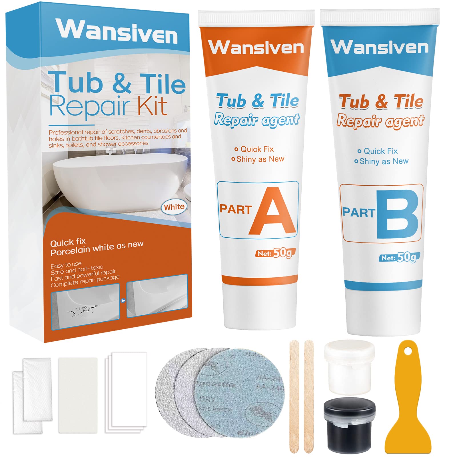 Wansiven Bathtub Repair Kit - Enamel Tub, Tile and Shower Tray Refinishing Kit for Scratches, Holes, Cracks - Waterproof Sink Repair