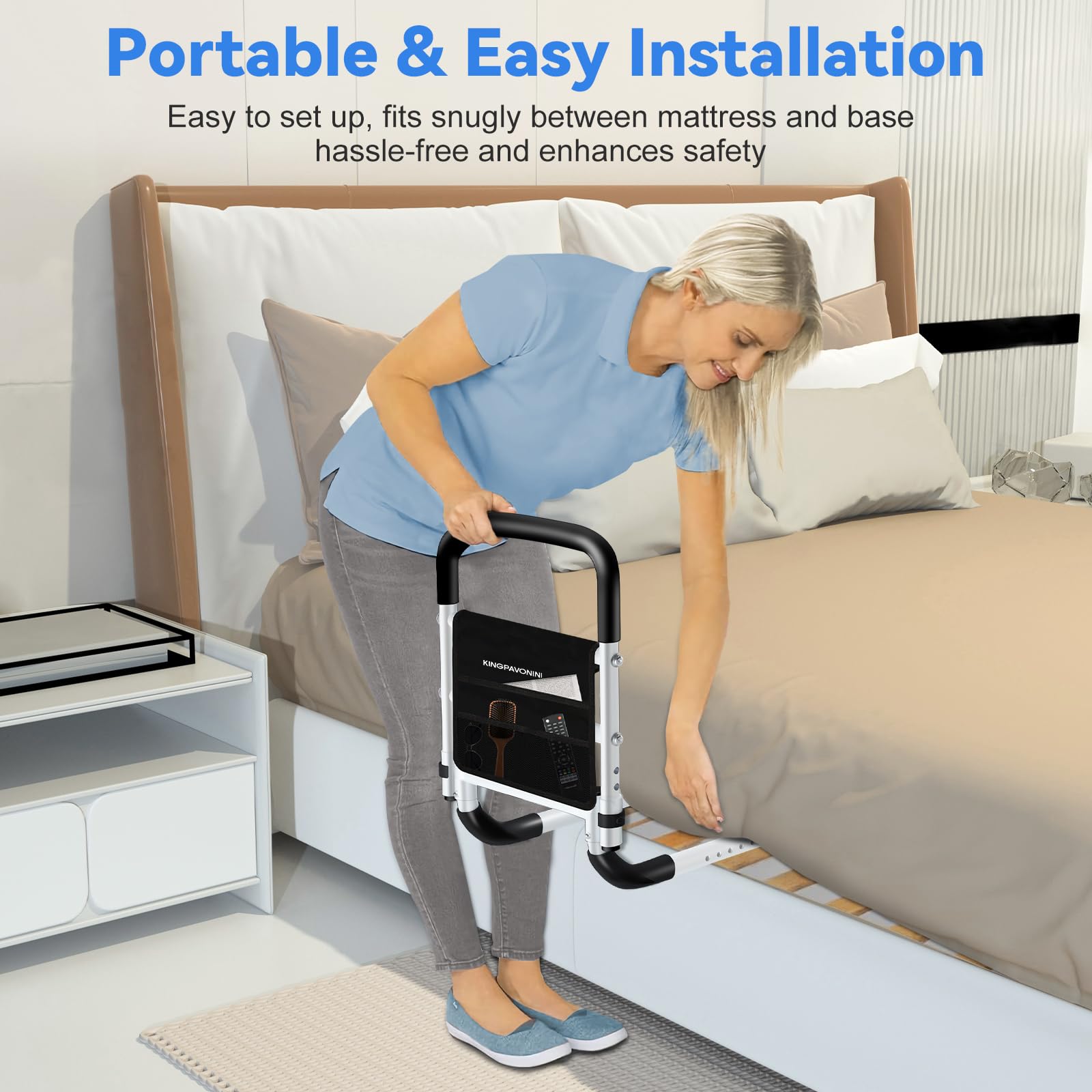 KingPavonini Bed Rails for Elderly Adults Safety - Adjustable Bed Cane with Non-Slip Ergonomic Handle and Storage Pocket, Bed Railings for Seniors Hold up to 350 Lbs, Tool-Free Installation
