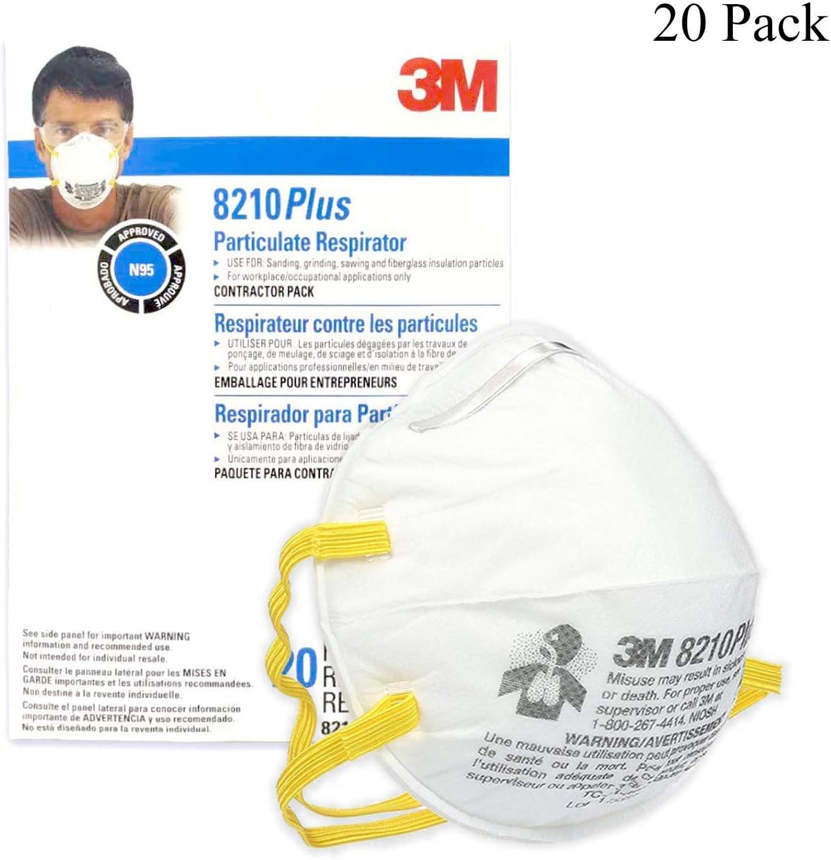 3M Respirator N95, N95 Particulate Respirator, ESD8210 3M Particulate Respirator 8210, Respirator for Virus Protection/Germ Protection and Personal Health, NIOSH Certified, 20 Pack