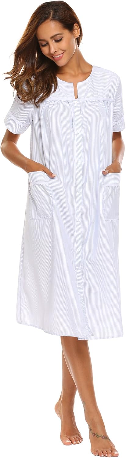 Ekouaer Women's Striped Sleepwear Button Down Duster Short Sleeve House Dress Nightgown S-XXL at  Women’s Clothing store