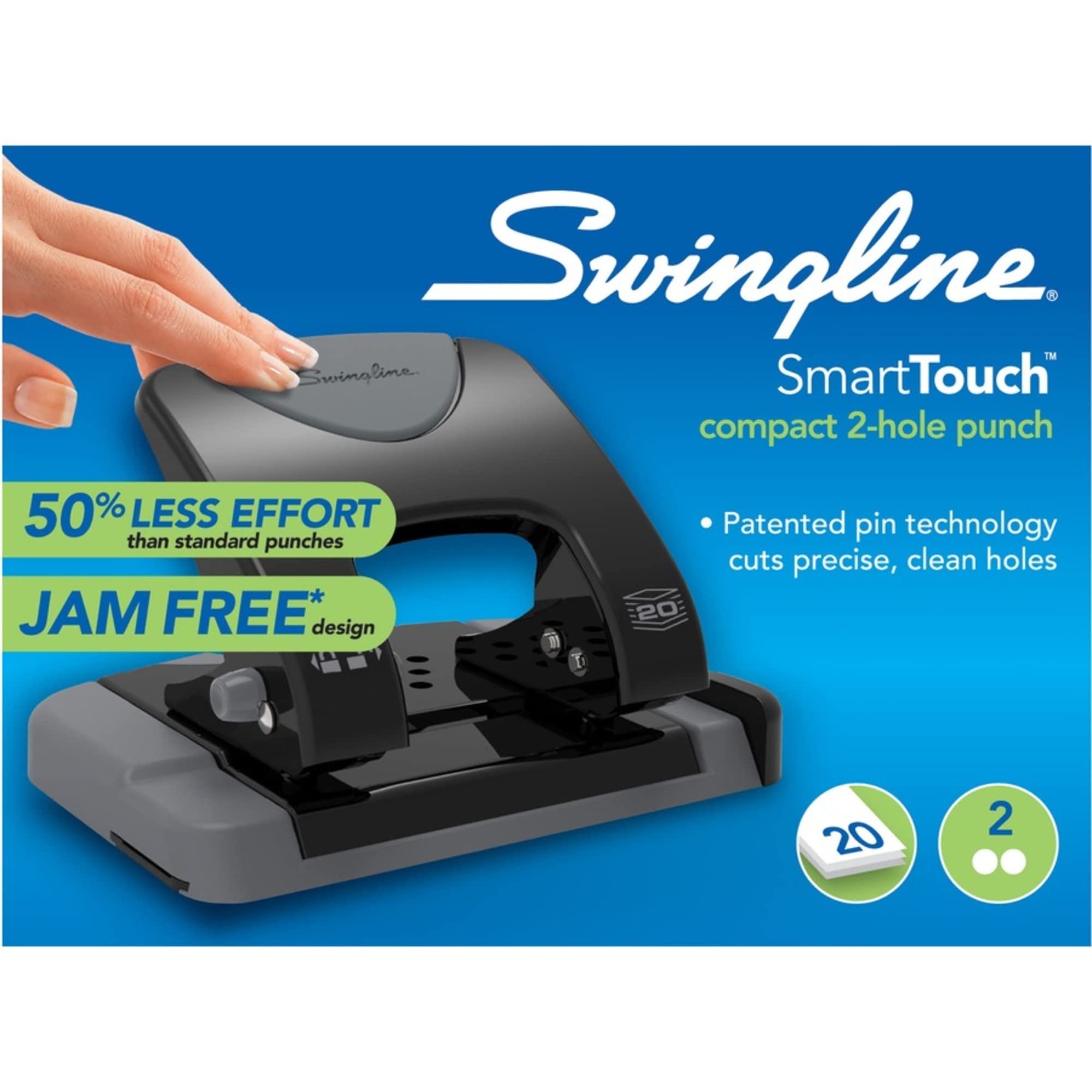 Swingline 2 Hole Punch, 20 Sheet Capacity Hole Puncher, Paper Punch, SmartTouch Low Effort Comfort Handle, Alignment Guide, Black & Gray (74135)