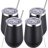 MEWAY 12oz/4 Pack Wine Tumbler Glasses with Lid - Stemless Double Wall Vacuum Stainless Steel Tumblers Keeping Cold & Hot for Wine - Family and Gifts, Ideal for Travel and Office(Black,Set of 4)