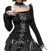 HeiBai Xiong Goth Top T Shirt for Women Punk Long Sleeve Square Neck Lace-Up Rave Steampunk Y2k Harajuku
