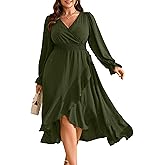 RWJ Women's Plus Size Wedding Guest Maxi Dress Wrap V Neck Long Sleeve High Low Ruffle Cocktail Fall Dresses