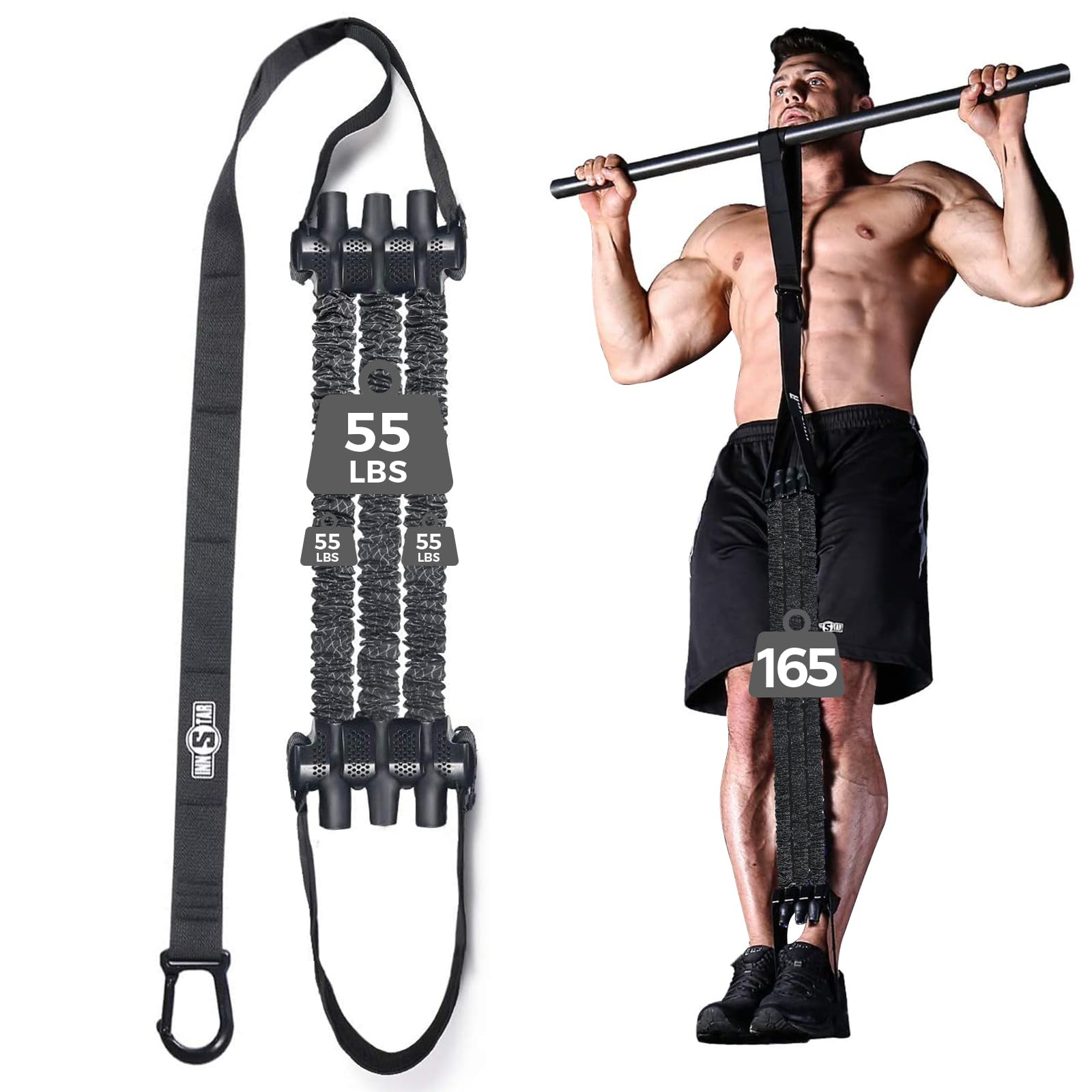 Innstar Pull Up Assistance Bands, 3 Heavy-Duty Adjustable Pull Up Bands Set, Pull Up Bands Assistance Bands for enhanced strength training - Patent (Black 165lbs adjustable resistance)