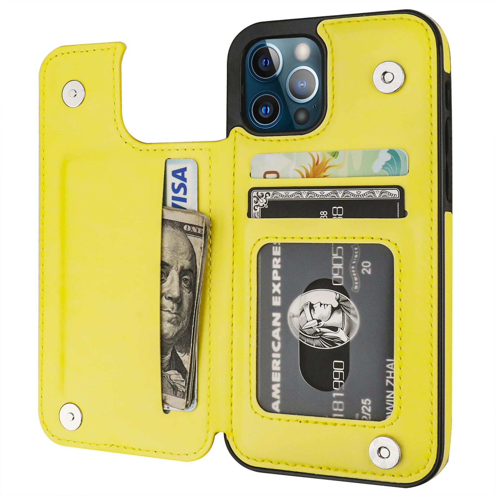 ONETOP Compatible with iPhone 12 Compatible with iPhone 12 Pro Wallet Case with Card Holder, PU Leather Kickstand Card Slots Case, Double Magnetic Clasp Durable Shockproof Cover 6.1 Inch(Yellow)