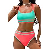 popvil Women Bikini Set High Waisted Swim Suits 2025 Tummy Control, Sporty Two Piece Beach Clothes, Neon Bikini for Women