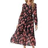 Seta T Women's Long Sleeve Floral Dresses V Neck Boho Ruffle Tiered Flowy Chiffon Midi Dress with Pocket