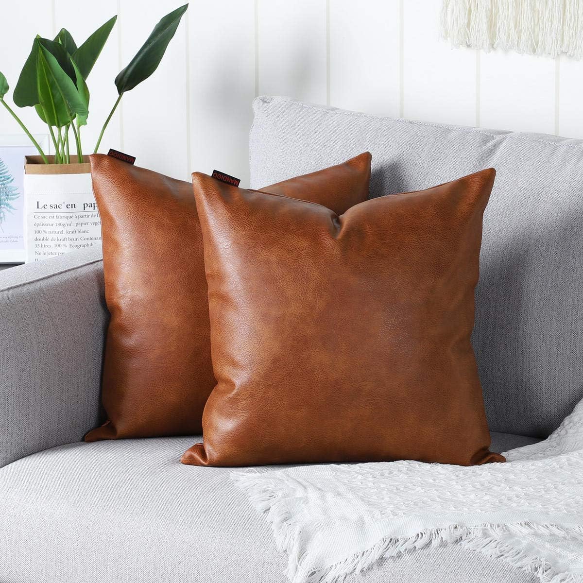 Photo 1 of MANDIOO Set of 2 Faux Leather Decorative Throw Pillow Covers Modern Solid Outdoor Cushion Cases Luxury Pillowcases for Couch Sofa Bed 26x26 Inches Brown