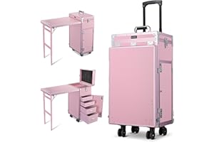 BYOOTIQUE Pink Rolling Manicure Table with Storage and Telescopic Handle Foldable Beauty Salon Makeup station for Professional Makeup Artist Manicurist Nail Bar Technician Hairstylist Barbershop