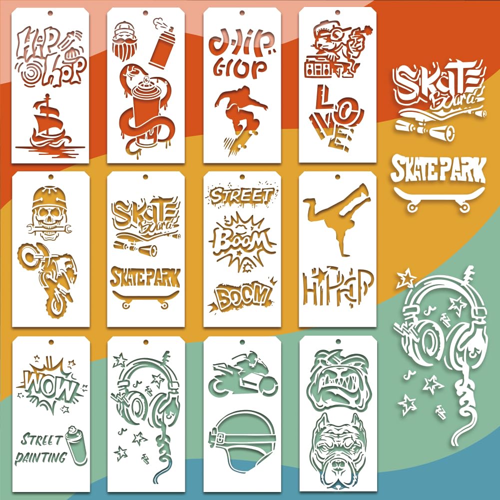 GOMAKERER 12 Pcs Decorative Painting Templates, 12 Styles Graffiti Painting Stencils Reusable Border Stencil for Painting on Tile Wall Floor Scrapbooking Drawing Tracing