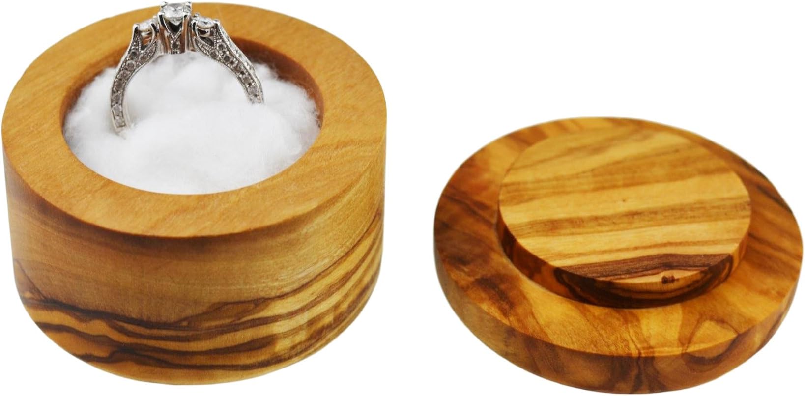 Olive Wood Ring Box Round, Grain/Natural