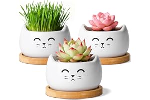 T4U Cat Planter 3.8 Inch, 3 Pcs Cute Cat Small Plant Pots for Indoor Plants, Mini Cat Succulent Pots for Plants, Ceramic Succulent Planters with Drainage, Tiny Flower Pots