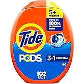 Tide PODS laundry detergent pacs, 3-in-1 Stain Remover, Odor Fighter, Color Protector, 102 Count, HE compatible, Original Scent