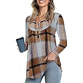 Zyyfly tunic tops to wear with leggings Loose Fit Womens Long Sleeve Long Shirts Plaid XXL