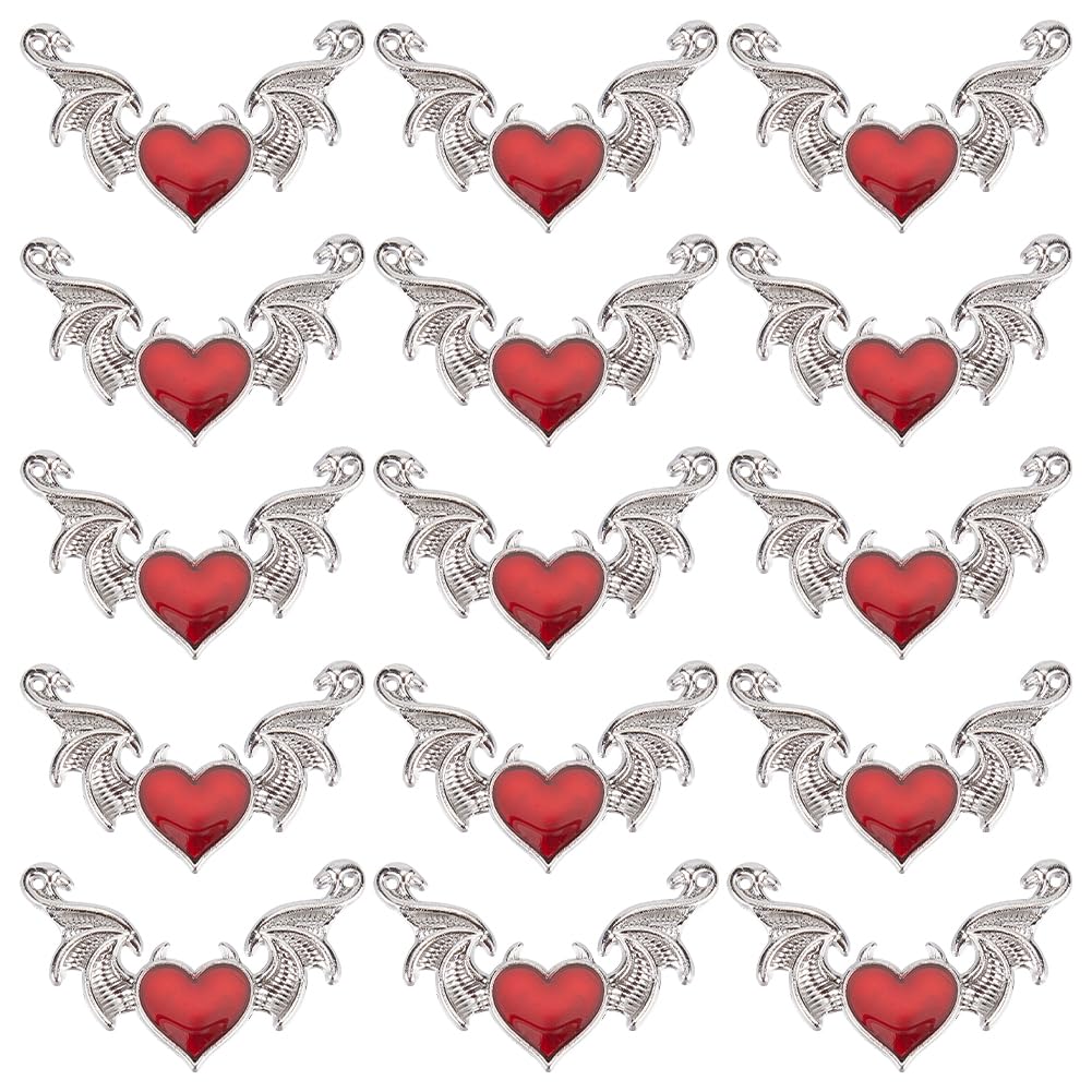 SUNNYCLUE 1BOX 30PCS Silver Heart Wing Charms Bulk Gothic Connector Charms Antique Enamel Red Heart Devil Halloween Bat Wing Links Charm for Jewellery Making Charm DIY Earrings Bracelet Necklace