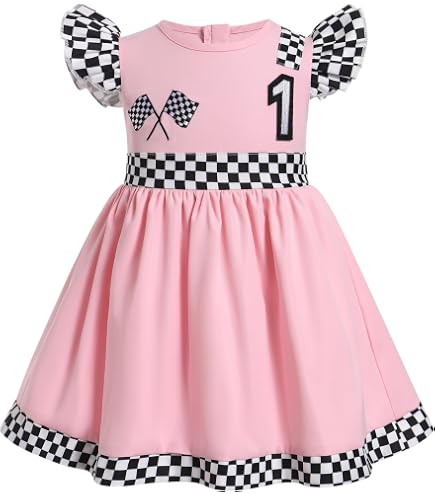 IDOPIP Baby Girls 1st 2nd Birthday Outfit Race Car Driver Dresses Girls Racer Jumpsuit Toddler Racing Suit Fast One Birthday Party Pageant Tutu Dress for Cake Smash Photo Shoot Pink 1