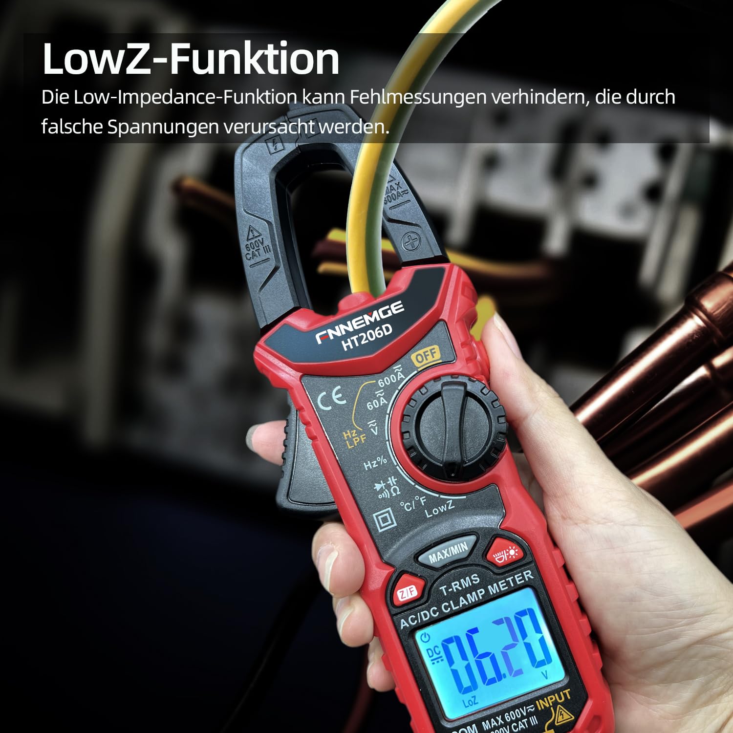 FNNEMGE HT206D Stromzange，Strommessgerät DC/AC Strom: 0-600A，Multimeter True-RMS 6000 Counts Auto-Ranging，misst Spannung Kapazität Durchgang (AC/DC-Strom) 5