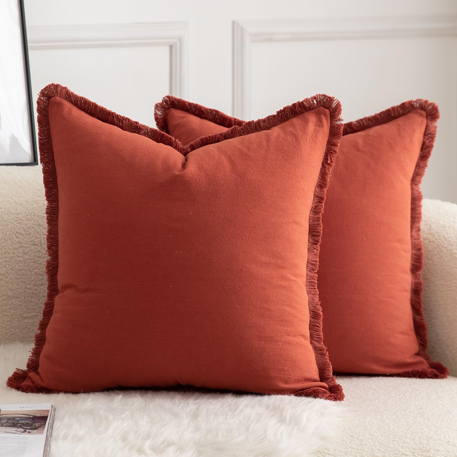 Mandioo Set of 2 Neutral Cotton Fringe Cushion Covers 50x50 cm 20x20 inch Decorative Boho Farmhouse Throw Pillowcase Cozy Tassels for Couch Sofa Bedroom Living Room Home Decor Burnt Brick