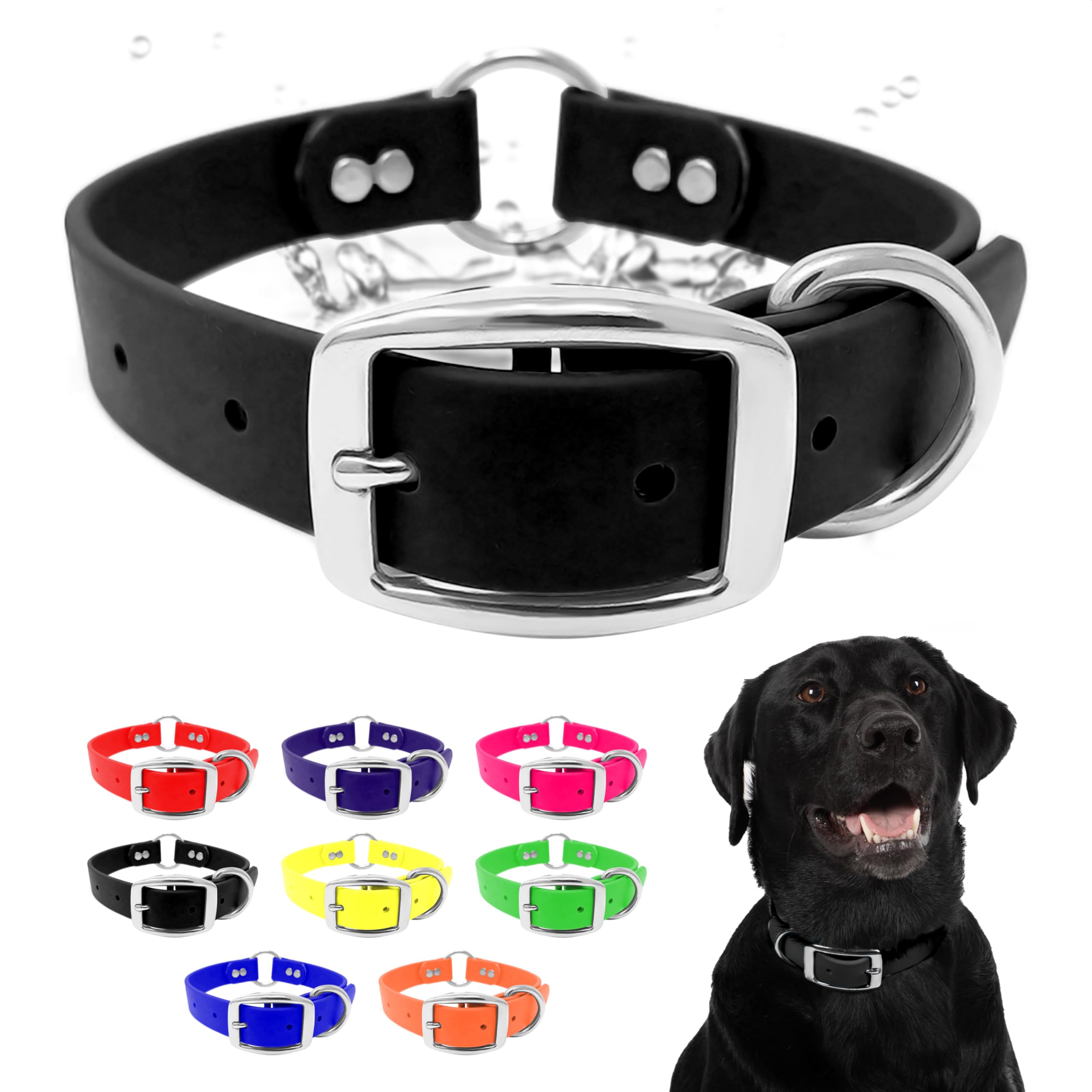 Small Black Waterproof Dog Collar with Heavy Duty Center Ring, Double Buckle & D Ring | Vinyl Coated, Custom Fit, Adjustable Puppy Pet Collars | Other Sizes for Medium & Large Dogs