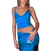 Women's 2 Piece Skirt Sets Summer Outfits Tie Dye Long Maxi Spaghetti Strap Crop Top Floral Print Dresses Blue