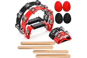 Eorbow 12 Pcs Tambourines for Adults, Hand Held Half Moon Tambourine with Foot Tambourine Wood Rhythm Sticks and Egg Shakers, Double Row Metal Jingles Hand Percussion Instrument Set for Party