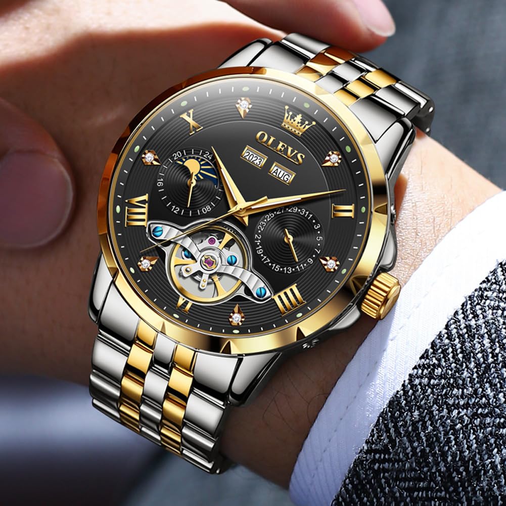 OLEVS Men's Mechanical Wristwatch, Automatic Winding, Moon Phase, Stylish, Skeleton, Waterproof, Popular, Luminous Watch for Men, Black & Gold