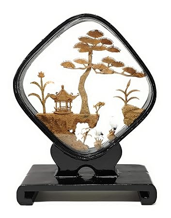 Buy Tj Global Beautiful Hand Carved Oriental Traditional Chinese Cork Sculpture Carving With Cranes Trees And Pagoda In Glass Display L6 5 X W2 X H8 5 Online At Low Prices In India