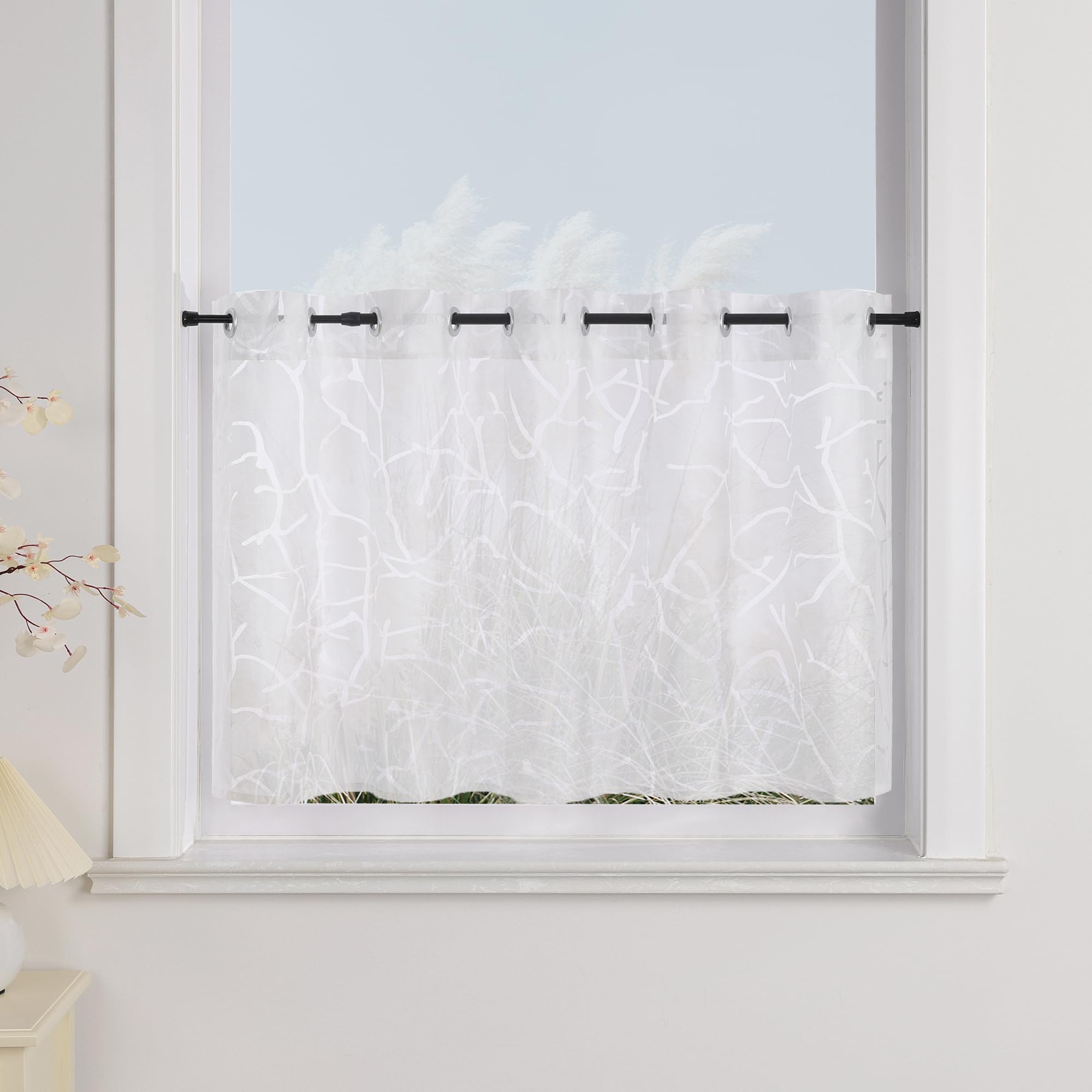 Yujiao Mao Curtain Semi-Transparent Panel 100% Polyester White Branches 45 x 120 cm Kitchen Eyelets