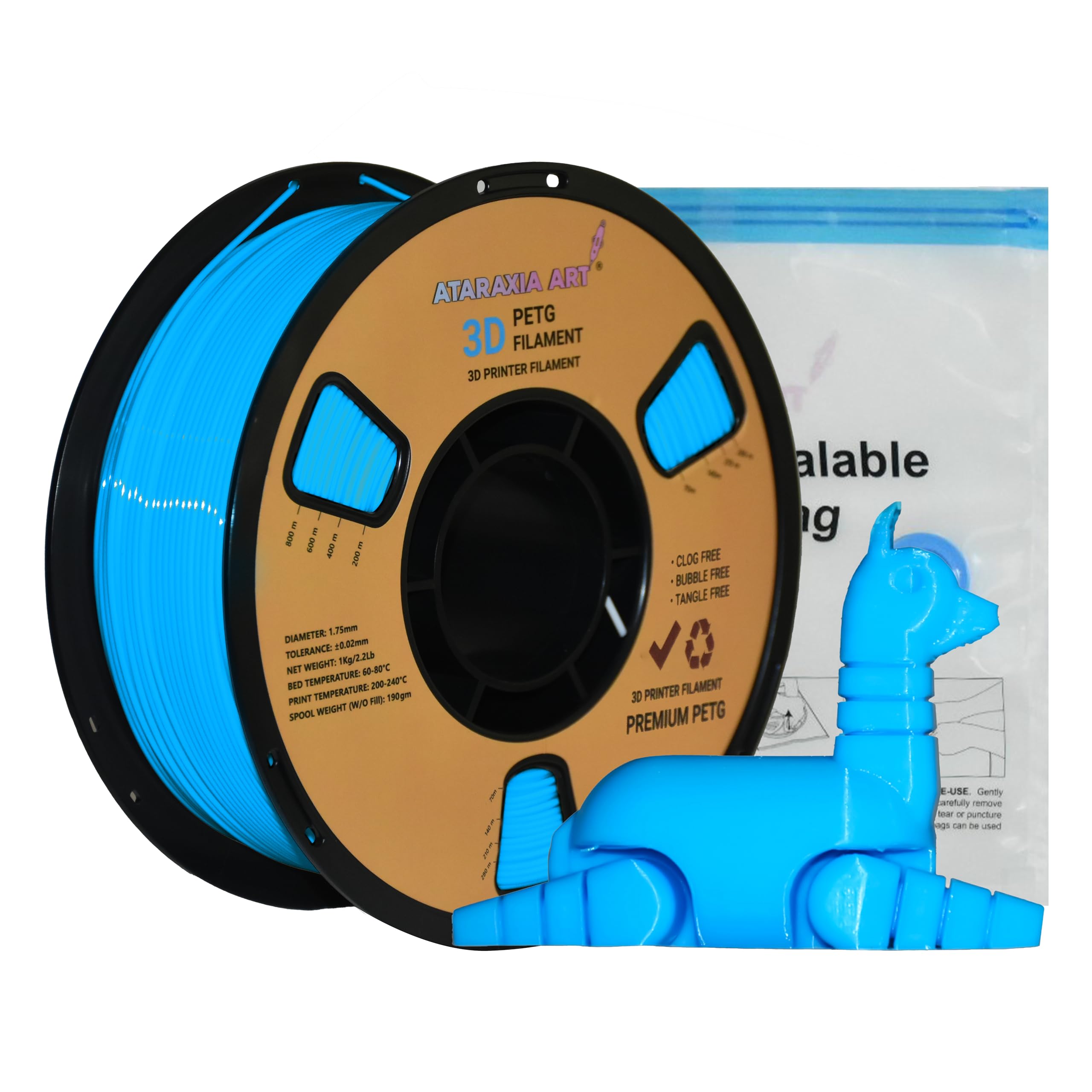 Ataraxia Art PETG 3D Printer Filament 1.75mm V2 with Resealable Vacuum Bag. Dimensional Accuracy +/- 0.02 mm, 1 Kg (2.2 lb) Spool. Improved Formula for Strength and Layer bonding. (Sky Blue)
