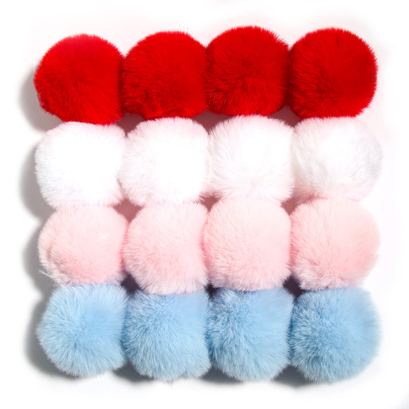 Furling Pompoms DIY Pack of 16 Faux Fur Pom Poms for Hats Soft Knitting Accessories (Red/White/Pink/Blue, 8cm)