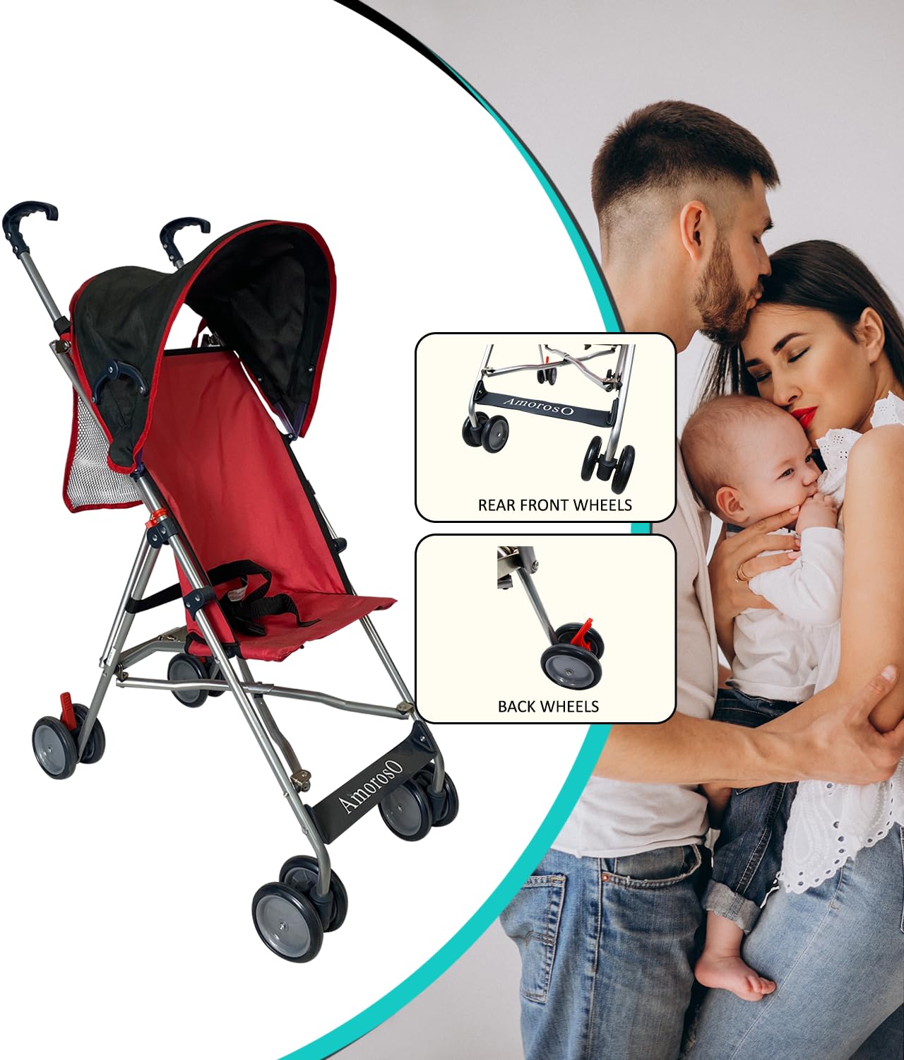 AmorosO Single Umbrella Stroller for Toddler, Travel Stroller for Babies - Sunlight and Light Rain Protection - Baby Stroller with Four EVA Wheels - Travel-Ready Stroller - Round Canopy (Red/Black)