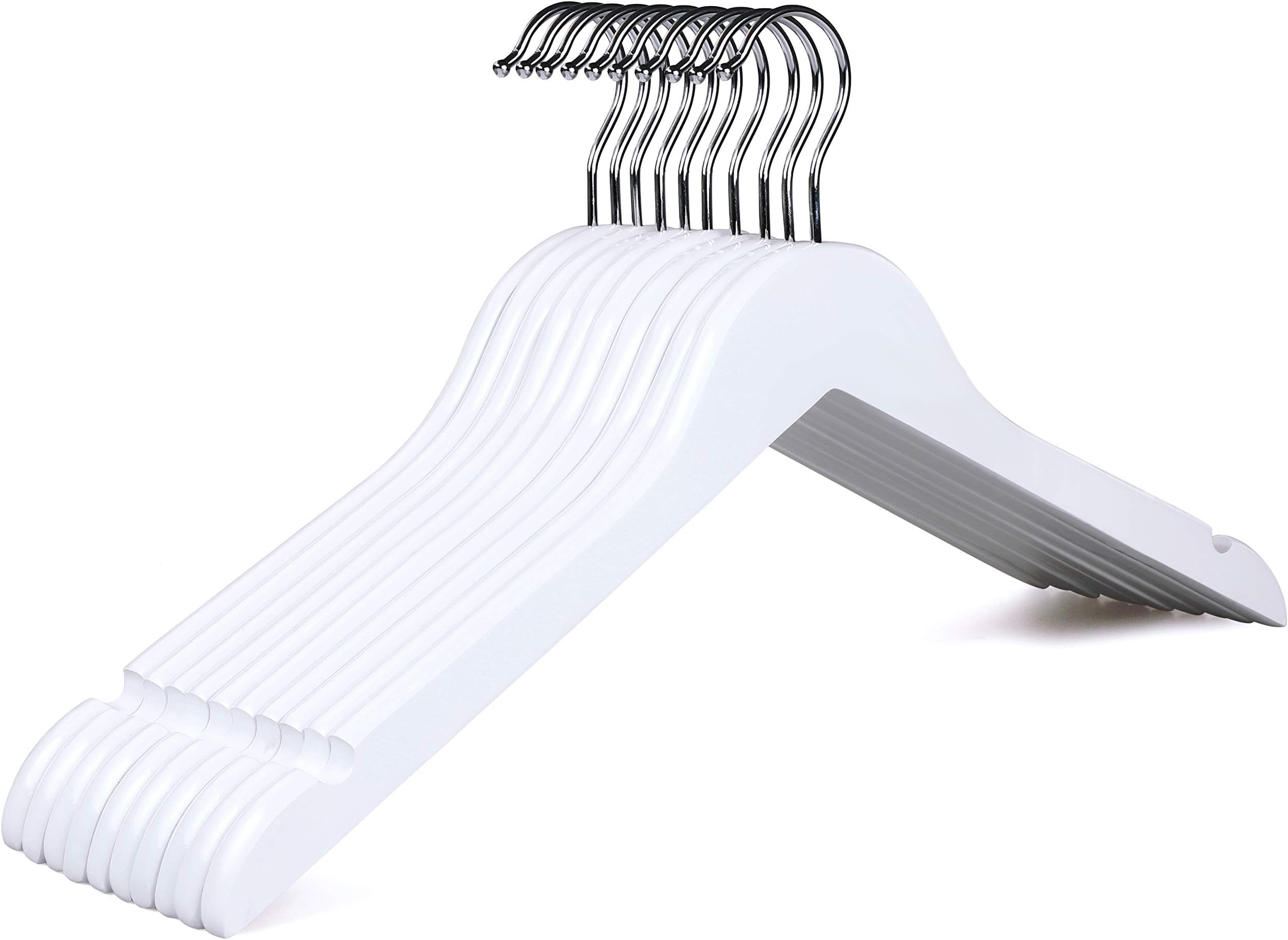 TOPIA HANGER White Wood Bridal Dress Hangers, Premium Wooden Shirt Hangers, 360ยฐ Hook- Smooth Finish- Extra Smoothly Cut Notches, 10 Pack (Chrome Hook)