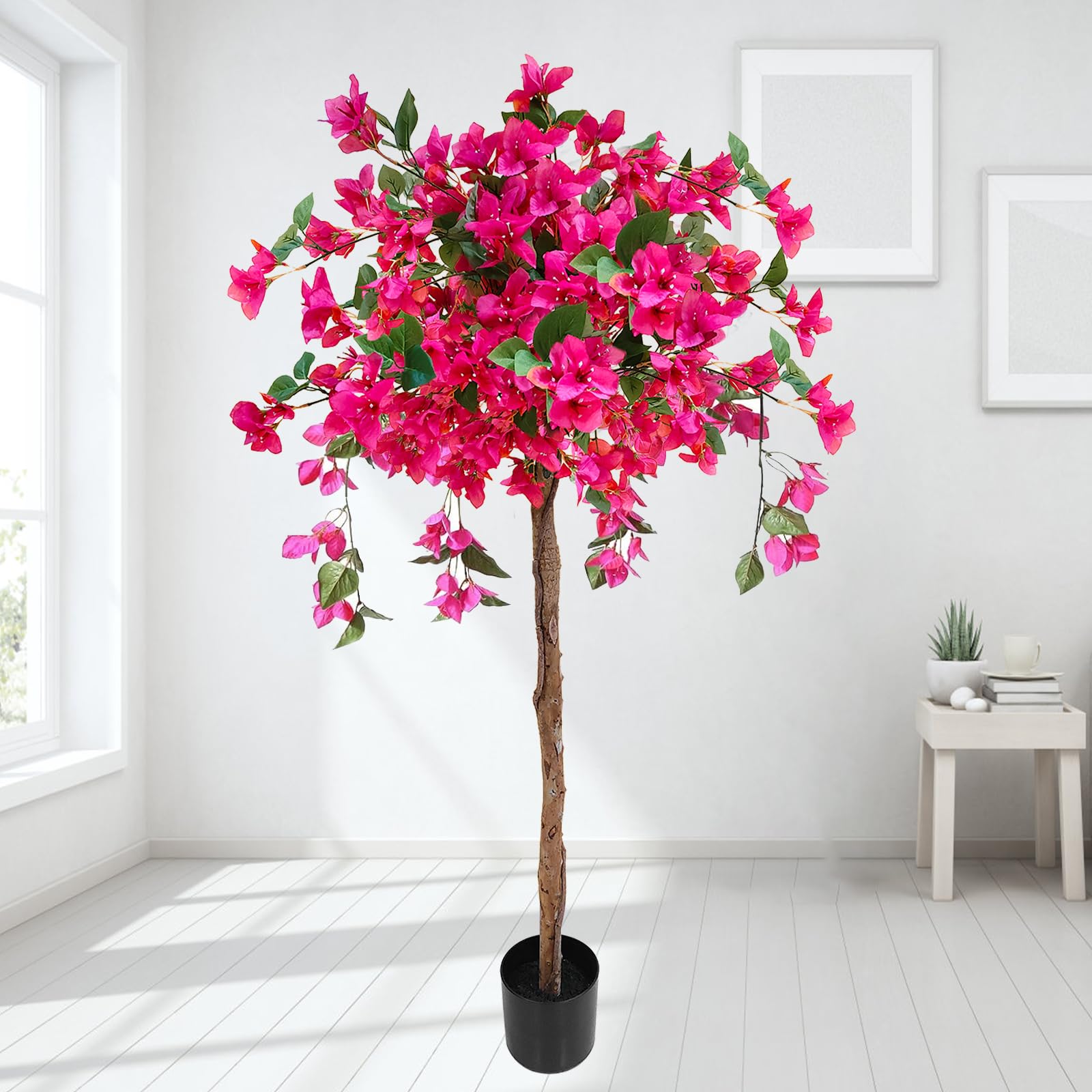 Photo 1 of  Artificial Tree Tall Potted Fake Bougainvillea Trees, Lifelike Potted Faux Plants with Wood Trunk and Pink Flowers for Home Office Wedding Outdoor Indoor Decor