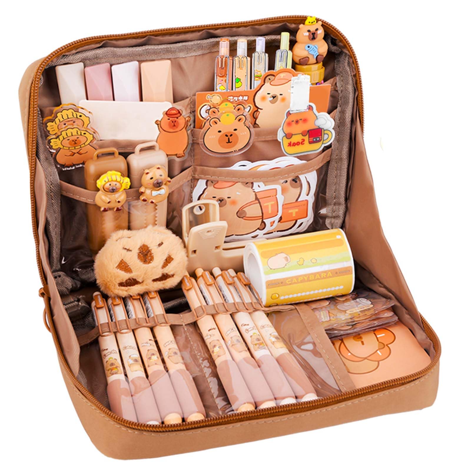 Bukbas Capybara Stationery Set – 64Pcs Capybara Pencil Case with Eraser, Ballpoint Pens, Sticker, Brooch and More, Cute School Stuff Capybaras Gifts for Boys Girls Kids Students School Office Home